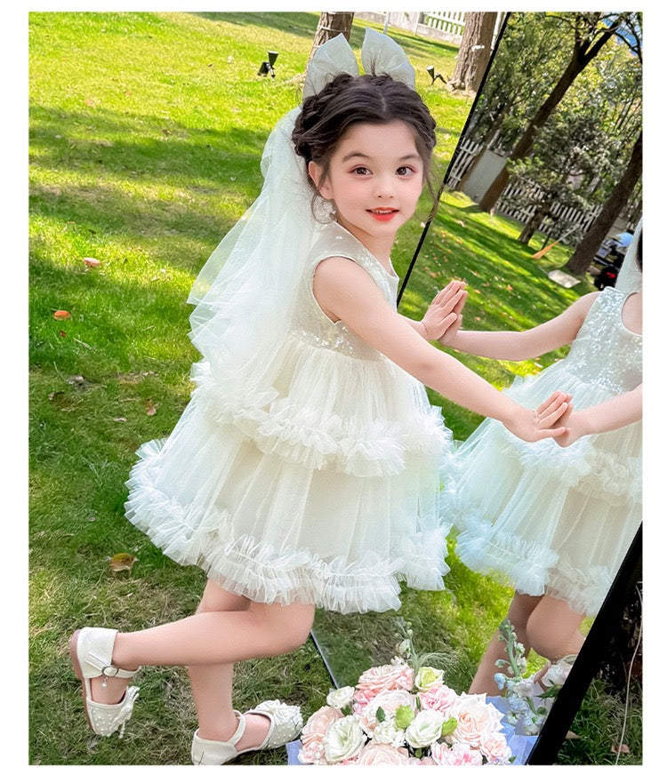 Set of 2 pcs Multi layered princess dress very soft with sequins + hair clip with big bow and tulle