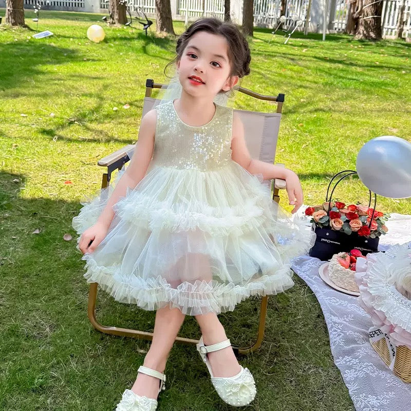 Set of 2 pcs Multi layered princess dress very soft with sequins + hair clip with big bow and tulle