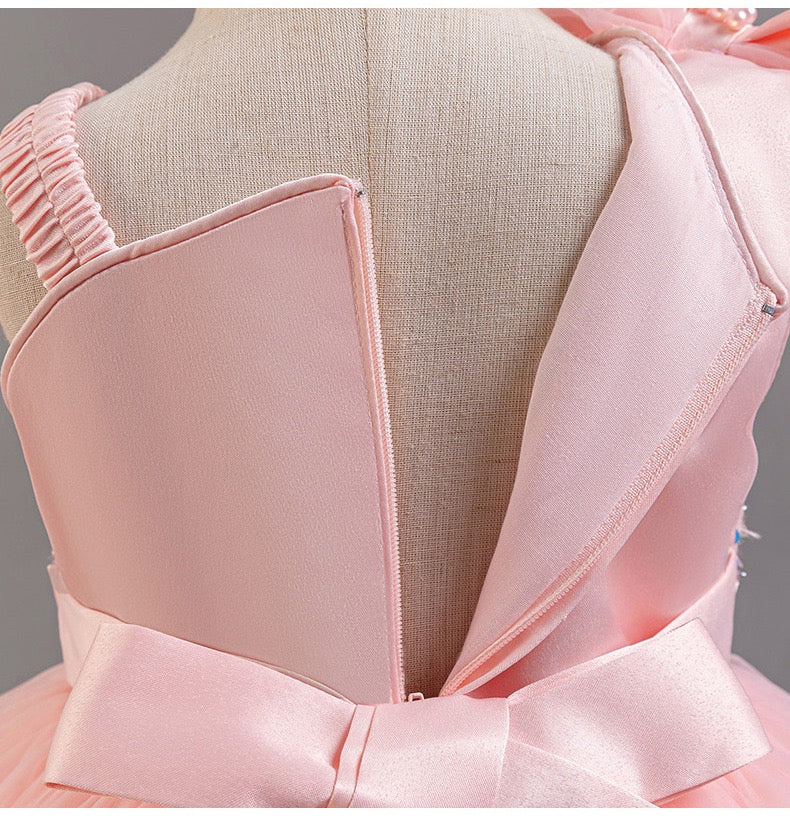 Pink princess dress with 2 bows at waist and on shoulder, with sequins