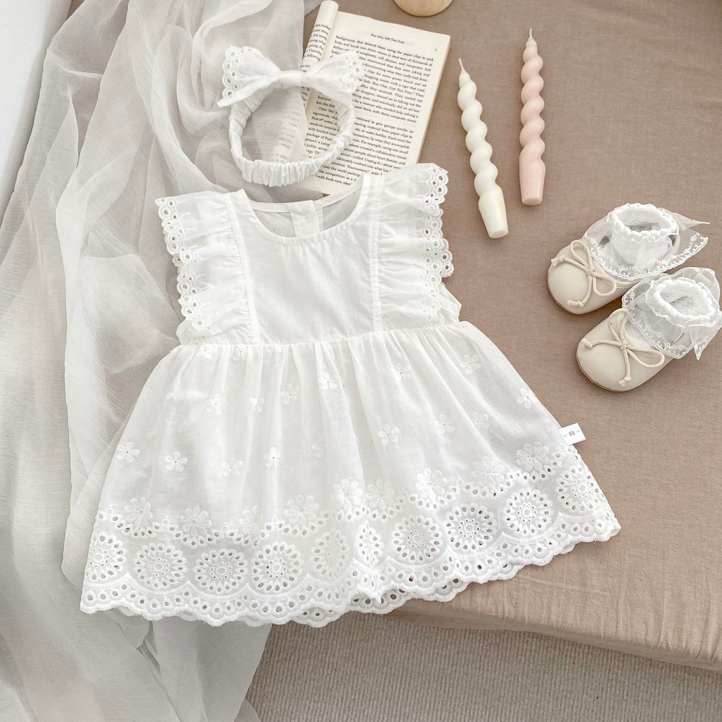 Simple 100% cotton flying sleeve dress + headband white