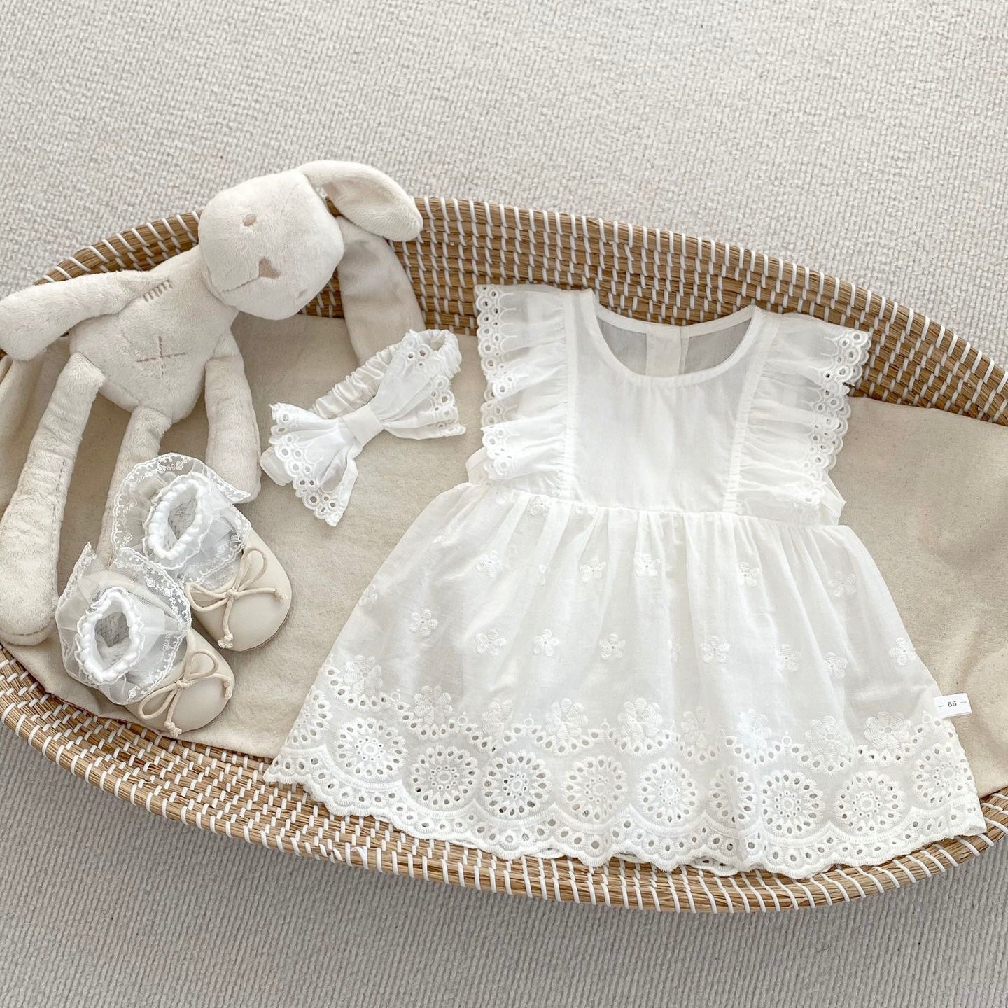 Simple 100% cotton flying sleeve dress + headband white