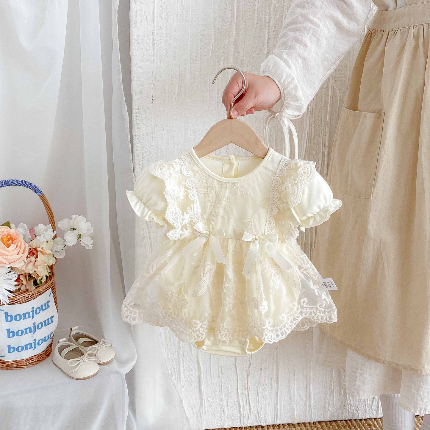 Short ruffle sleevelave romper dress 2 ribbon bows beige