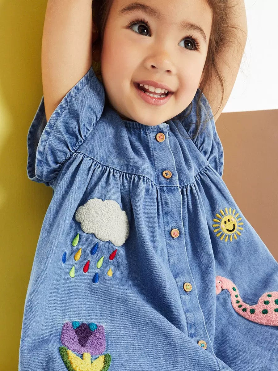 Embroidered flying sleeve denim dress