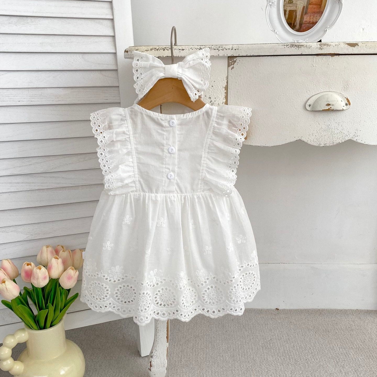 Simple 100% cotton flying sleeve dress + headband white