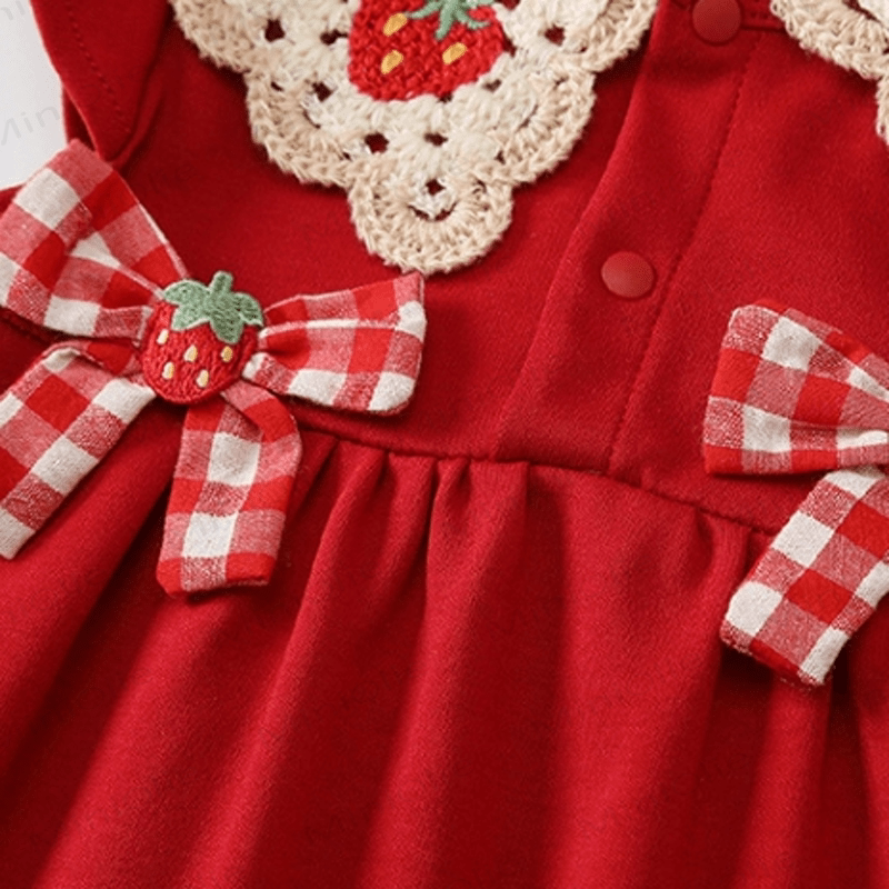 Oversized collar dress with embroidered strawberry and 2 bows red color