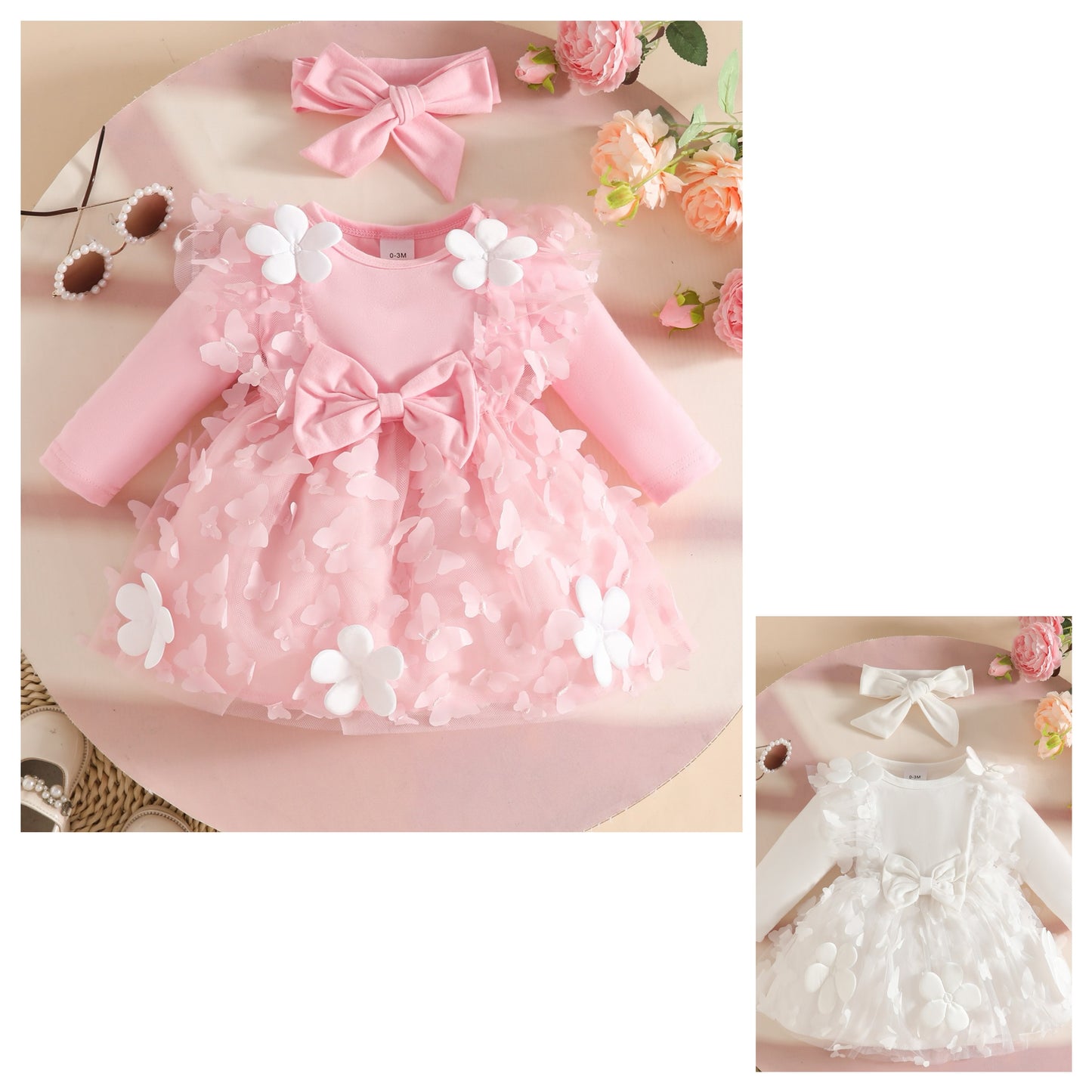 Set of 2pcs Long sleeve dress with butterflies and flowers + headband 2 color