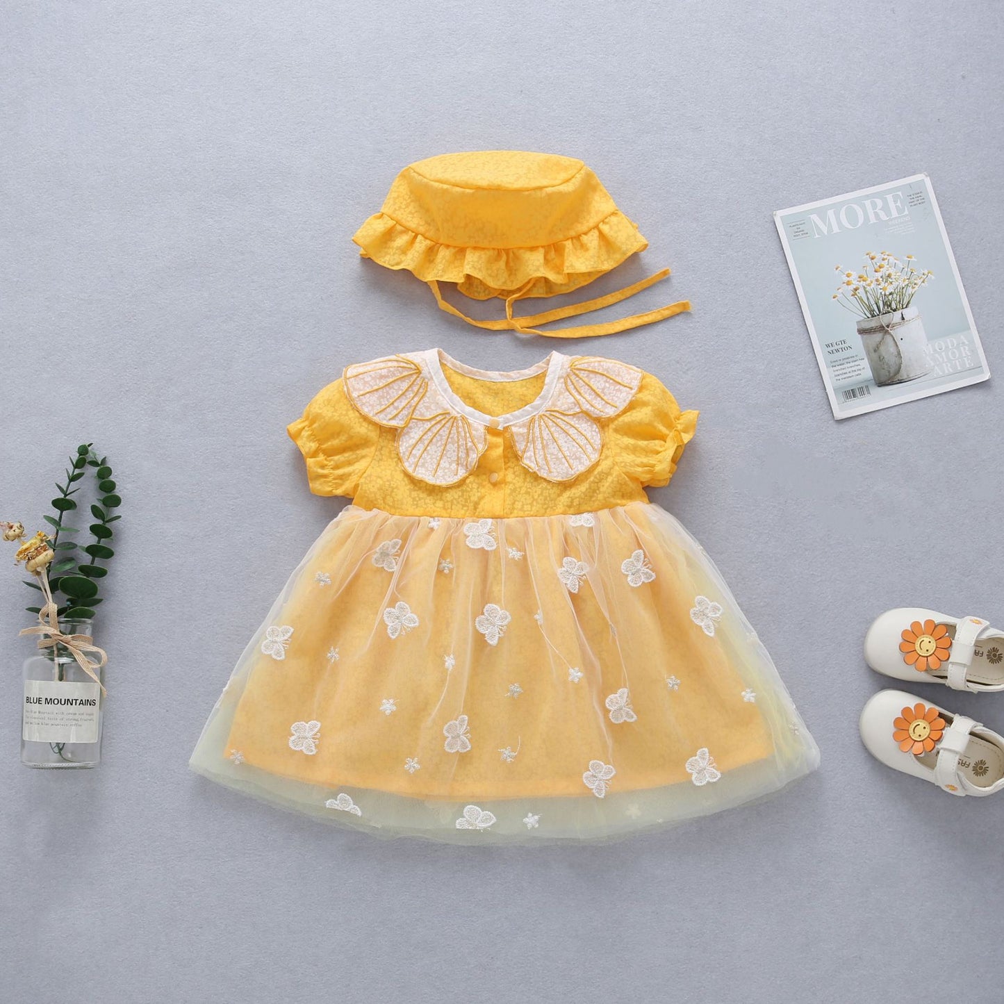 2 pcs set baby dress Petal shape collar and embroidered butterfly + hat