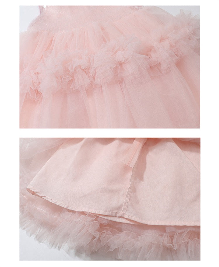 Set of 2 pcs Multi layered princess dress very soft with sequins + hair clip with big bow and tulle