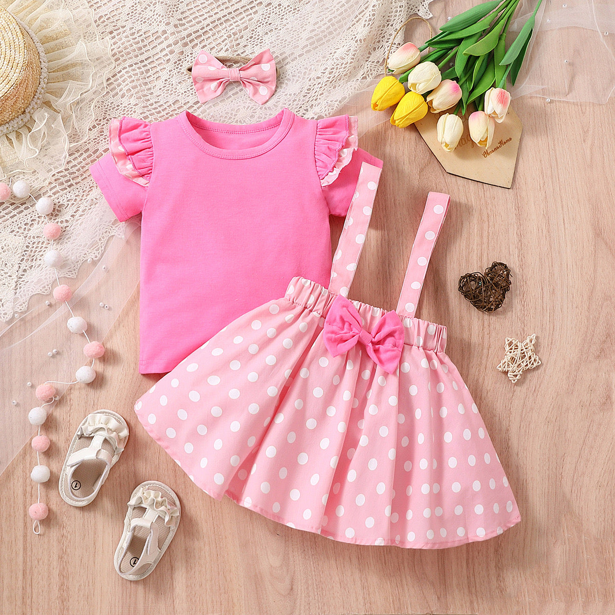 طقم ميني ماوس 3 قطع تي شيرت + تنورة البينك+ توكة