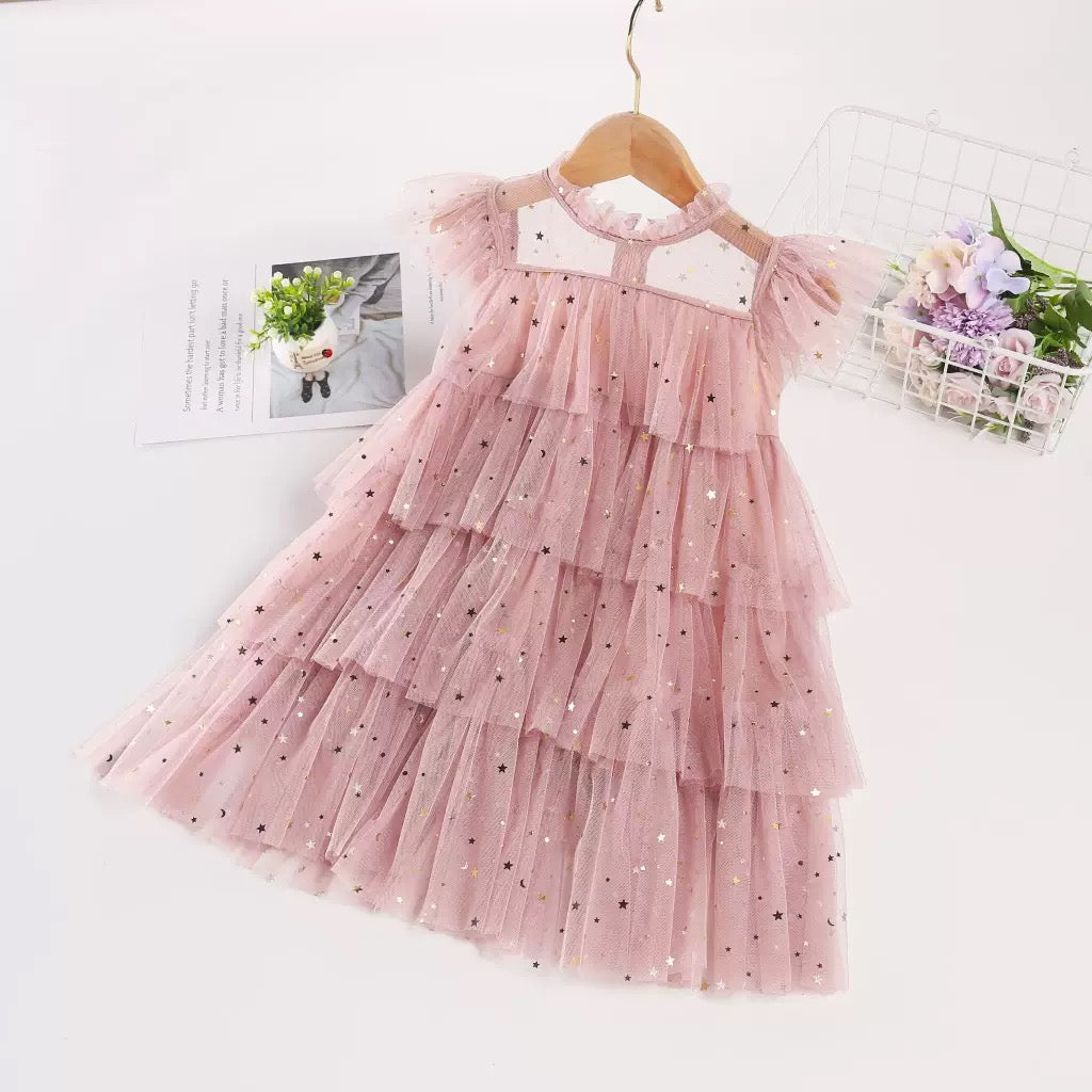 Layered Tulle Dress Flutter Sleeve Princess Cake Dress