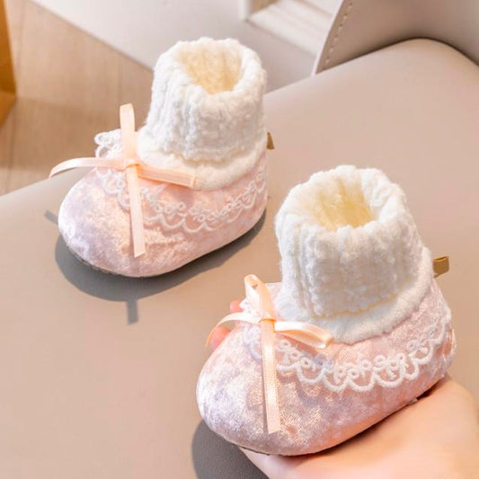 baby Fur Lined Soft Sole Boots with bow knot pink color