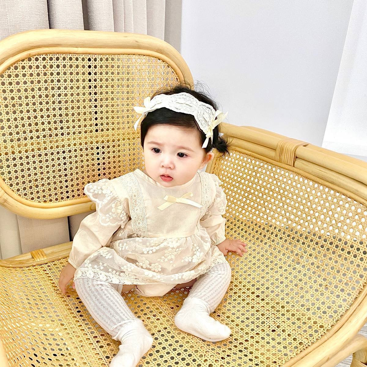 Baby beige lace romper dress long sleeve + vintage lace headband