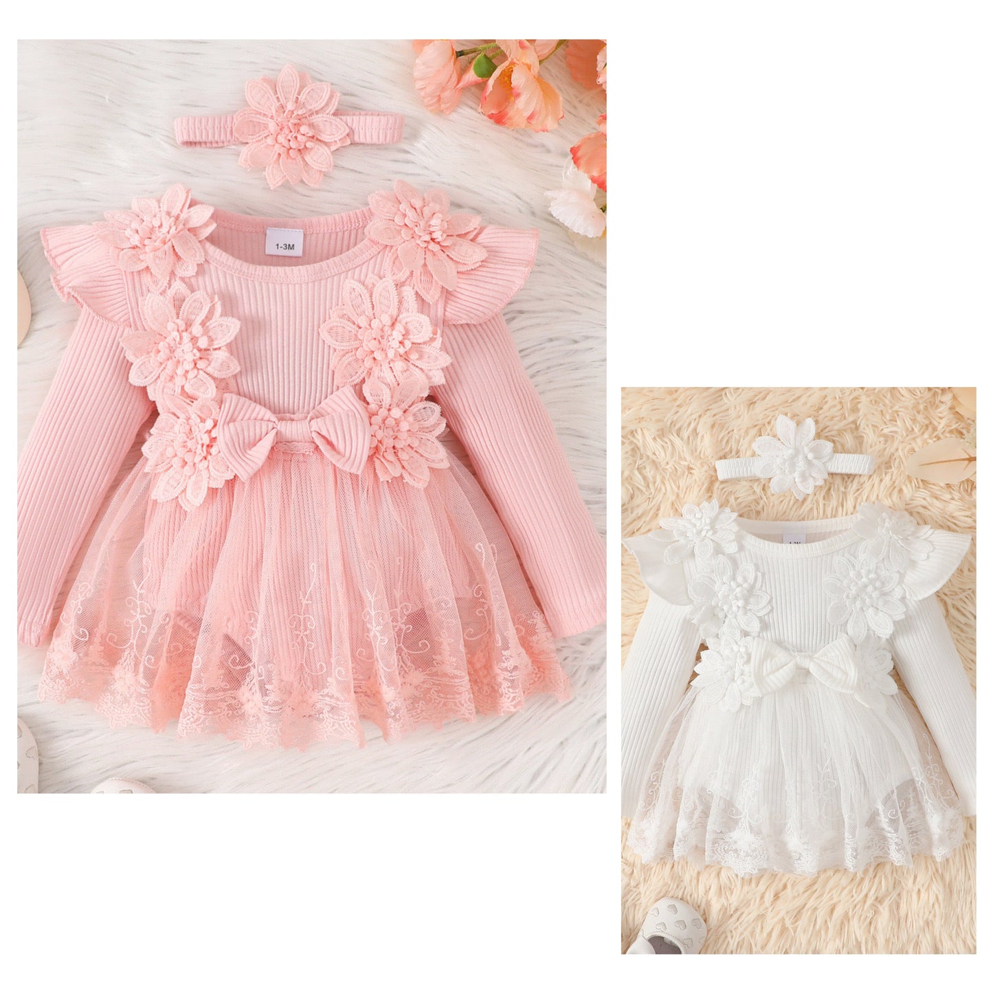 long sleeve romper dress with flowers + headband 3 color