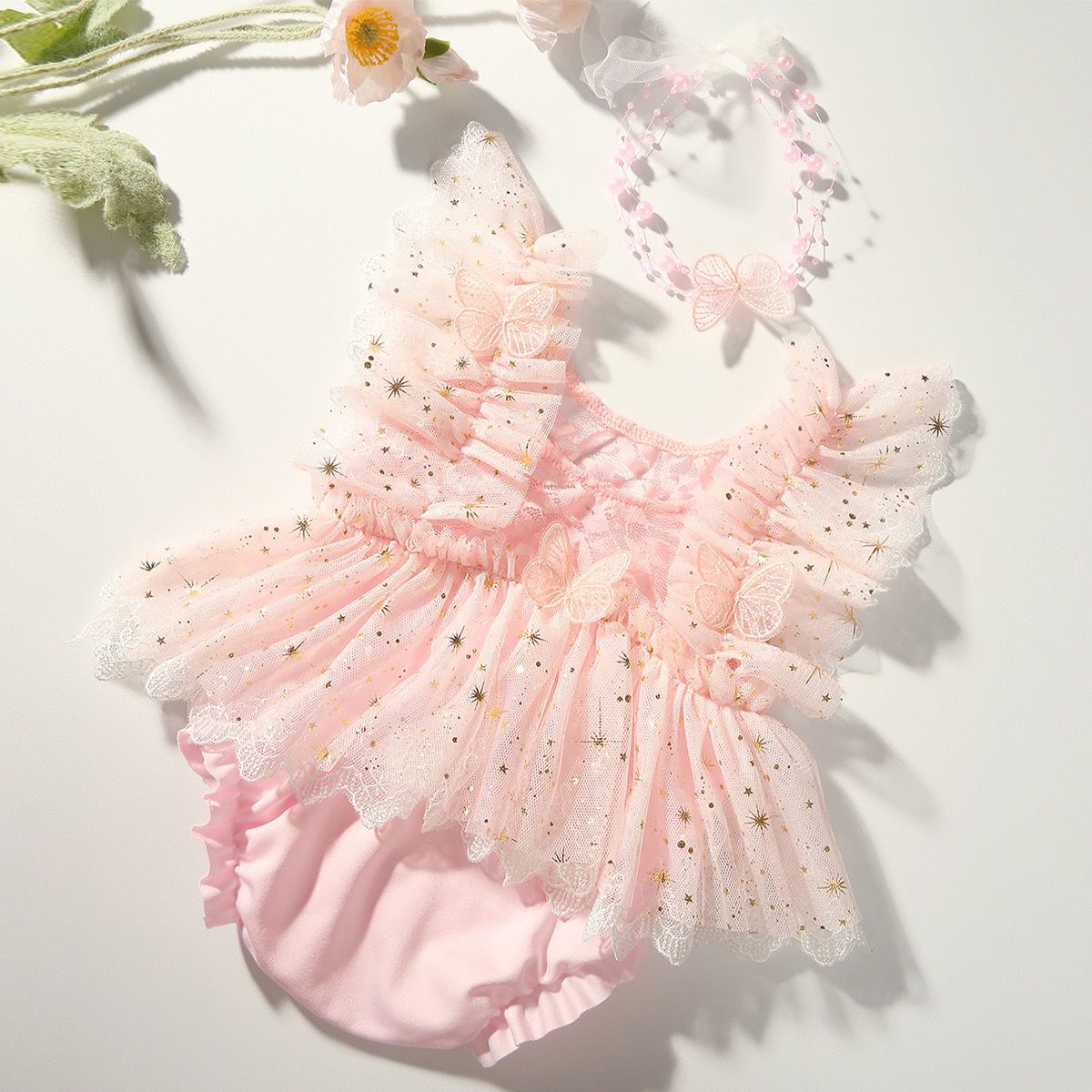 set of 2pcs newborn Baby Girl butterfly mesh romper dress + headband 0-1 month