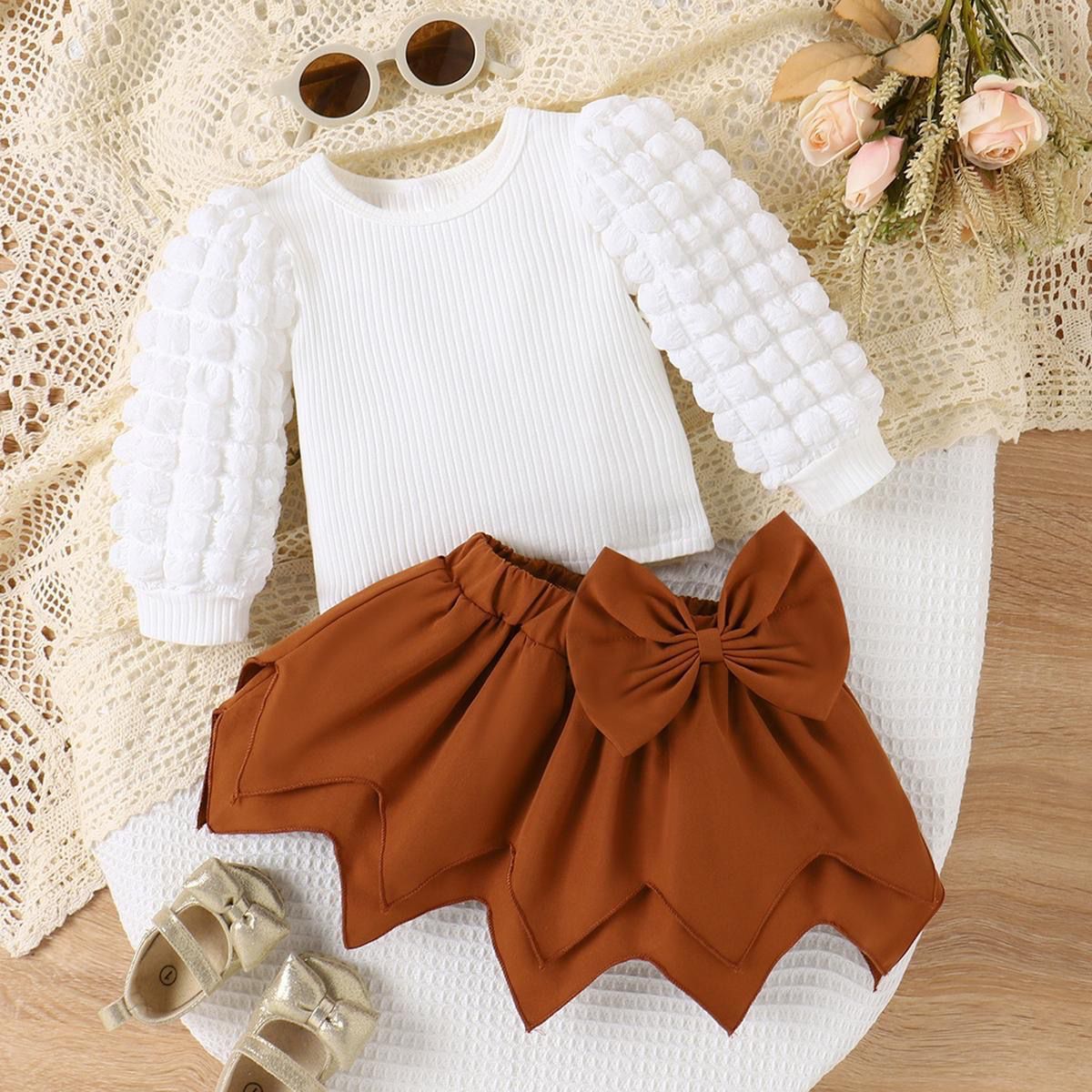 Set of 2pcs puff long sleeve Top + skirt with bow