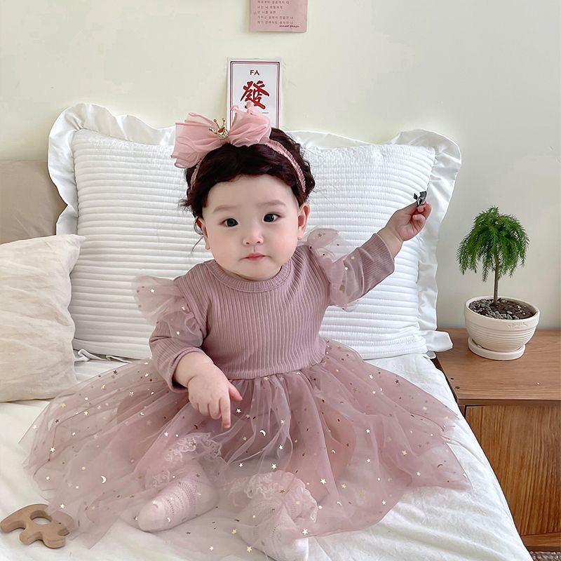 Long  sleeve girl dress with golden stars 2 color