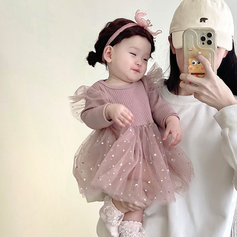 Long  sleeve girl dress with golden stars 2 color