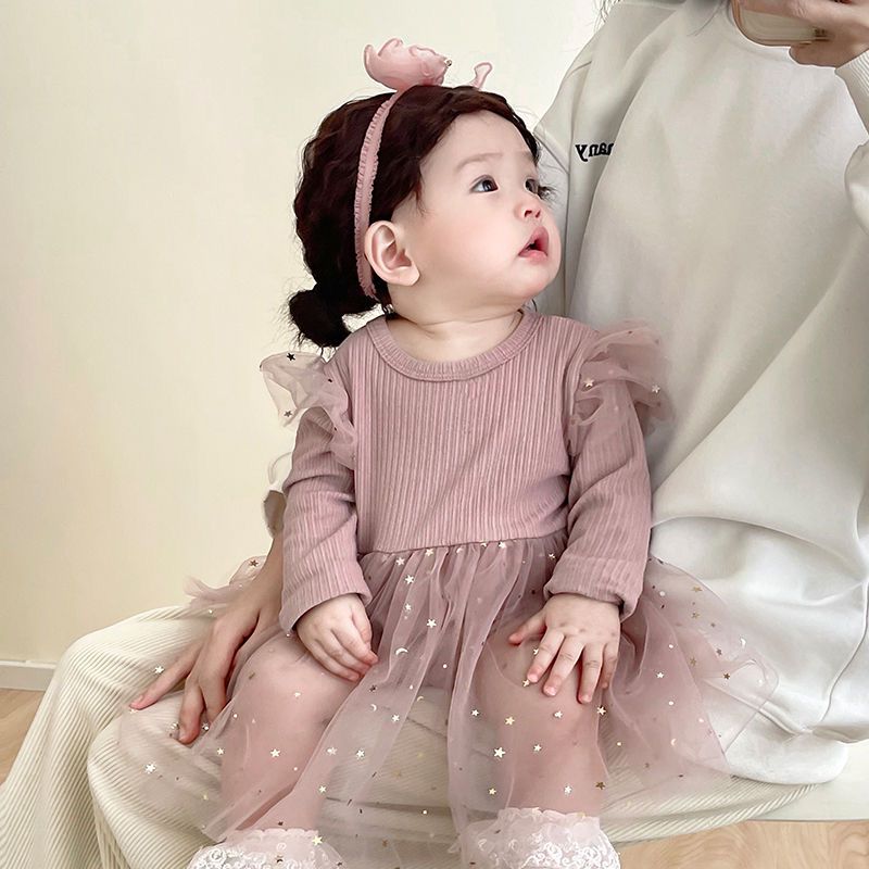 Long  sleeve girl dress with golden stars 2 color