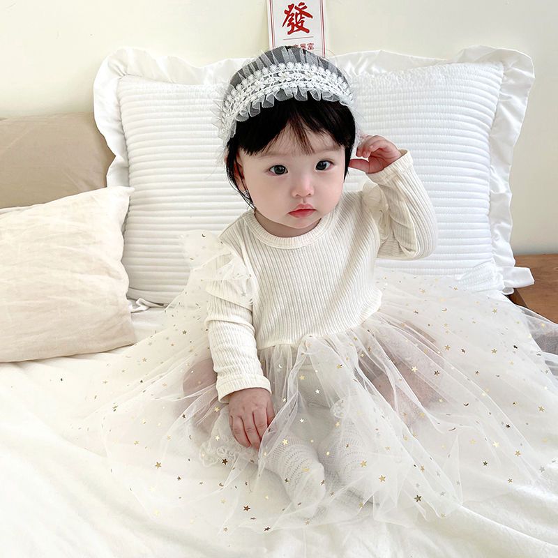 Long  sleeve girl dress with golden stars 2 color