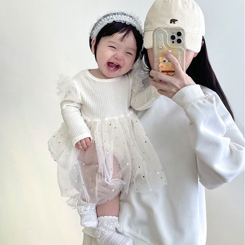 Long  sleeve girl dress with golden stars 2 color
