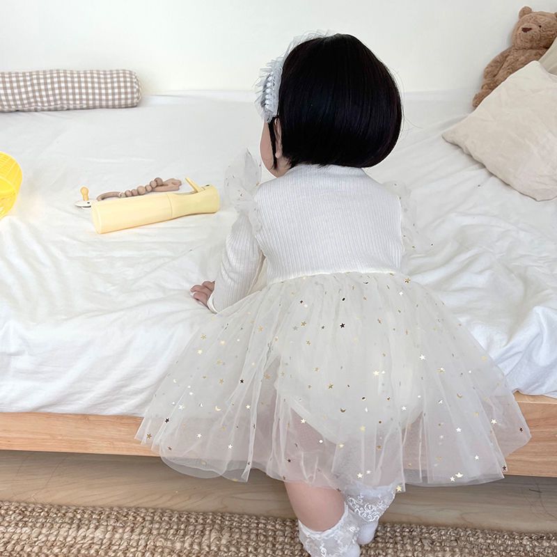 Long  sleeve girl dress with golden stars 2 color