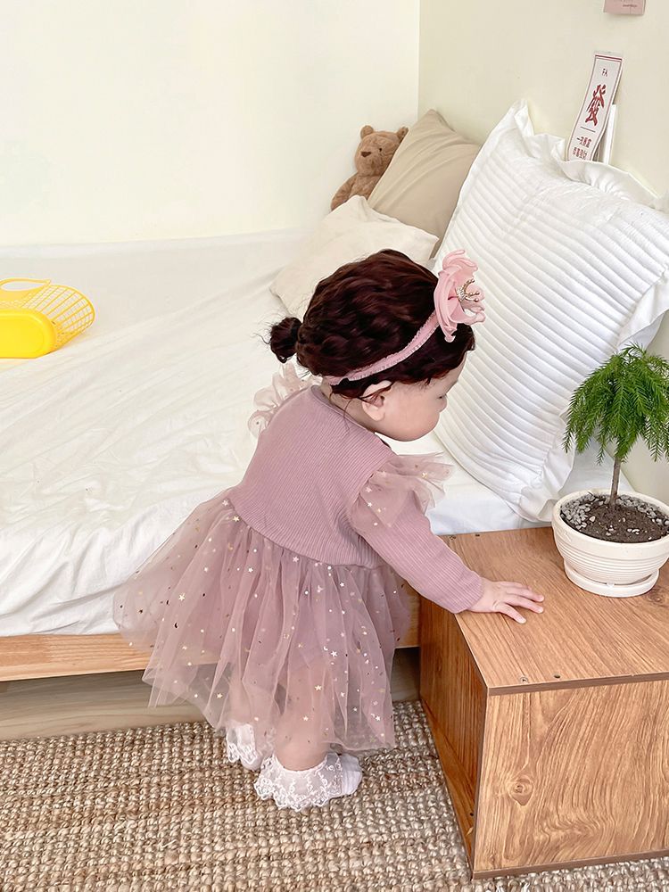 Long  sleeve girl dress with golden stars 2 color