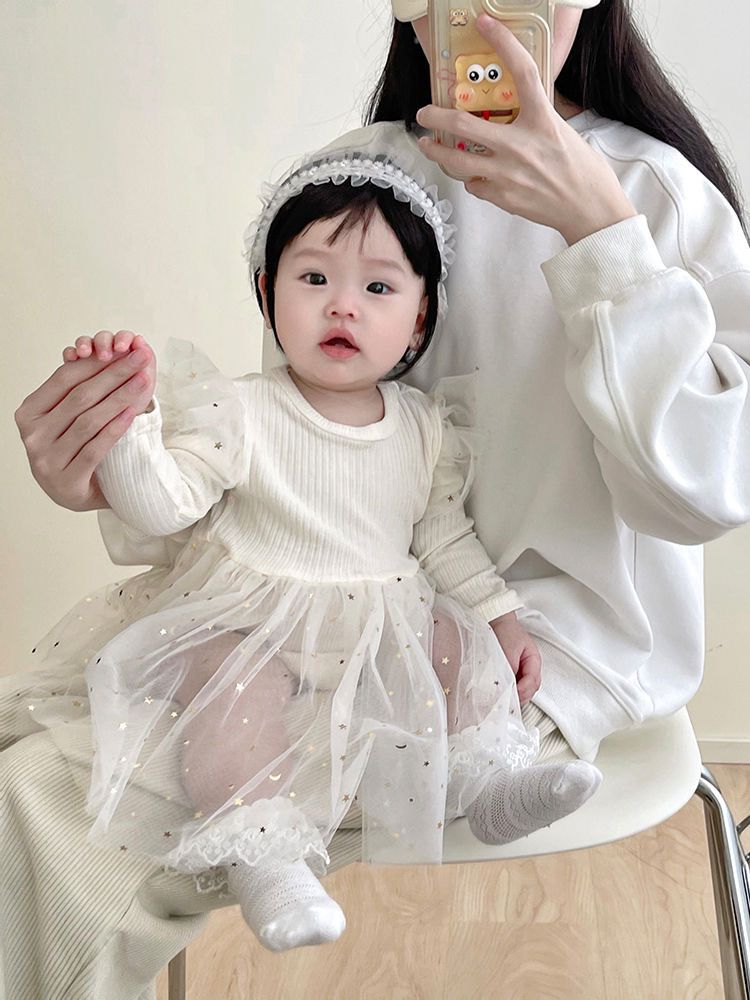 Long  sleeve girl dress with golden stars 2 color
