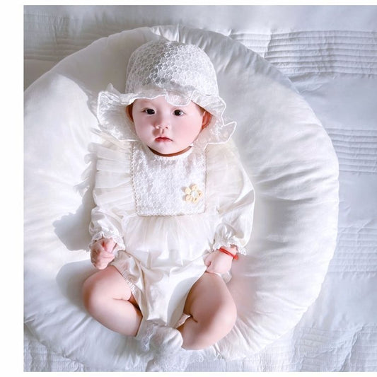 Baby vintage long sleeve romper with little yellow flower + hat 100% cotton