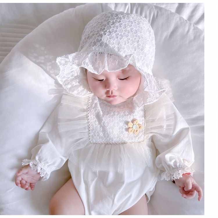 رومبير أطفال عتيق بأكمام طويلة مع زهرة صفراء صغيرة وقبعة 100% قطن سالوبيت