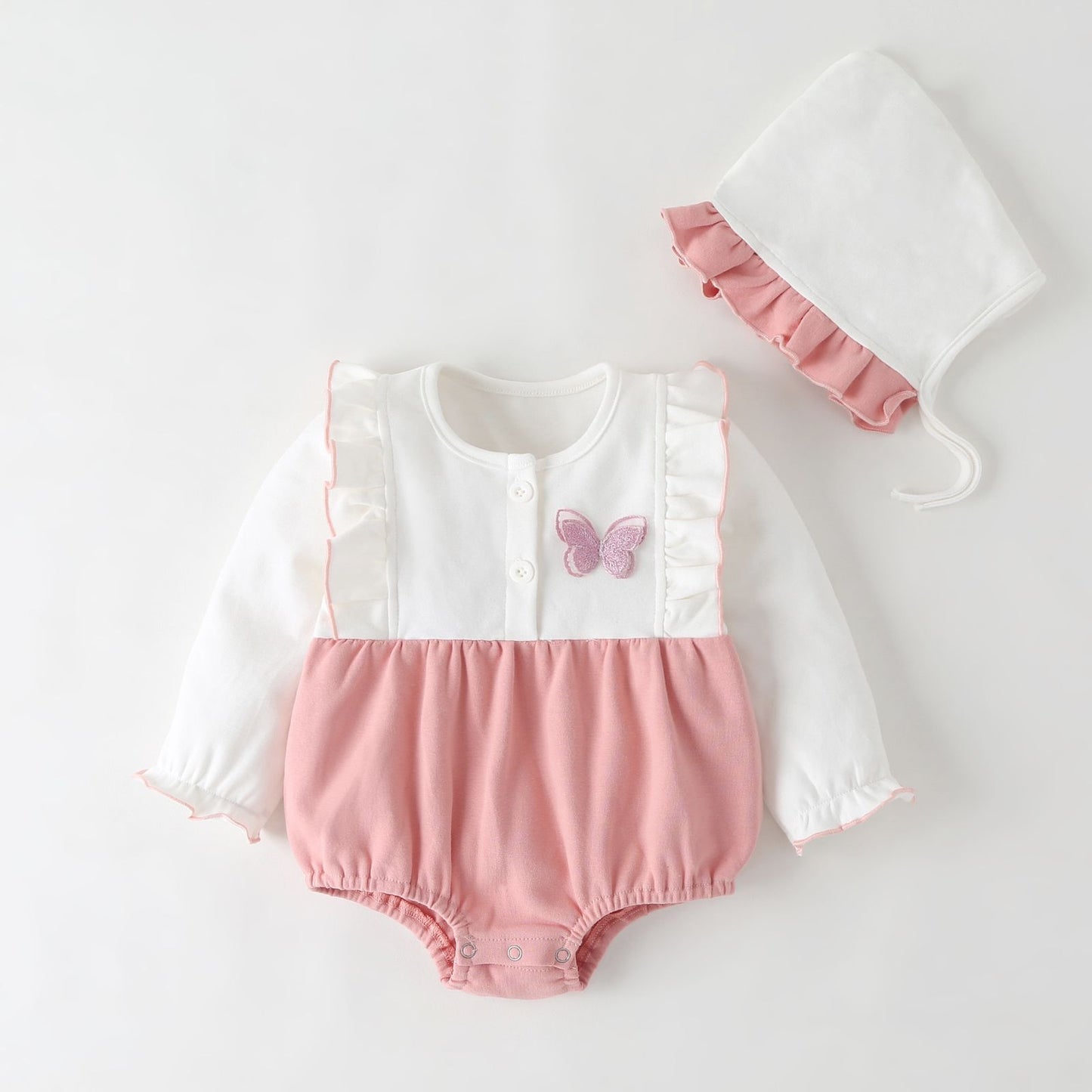 طقم مكون من قطعتين من رومبير بأكمام طويلة مع فراشة وقبعة