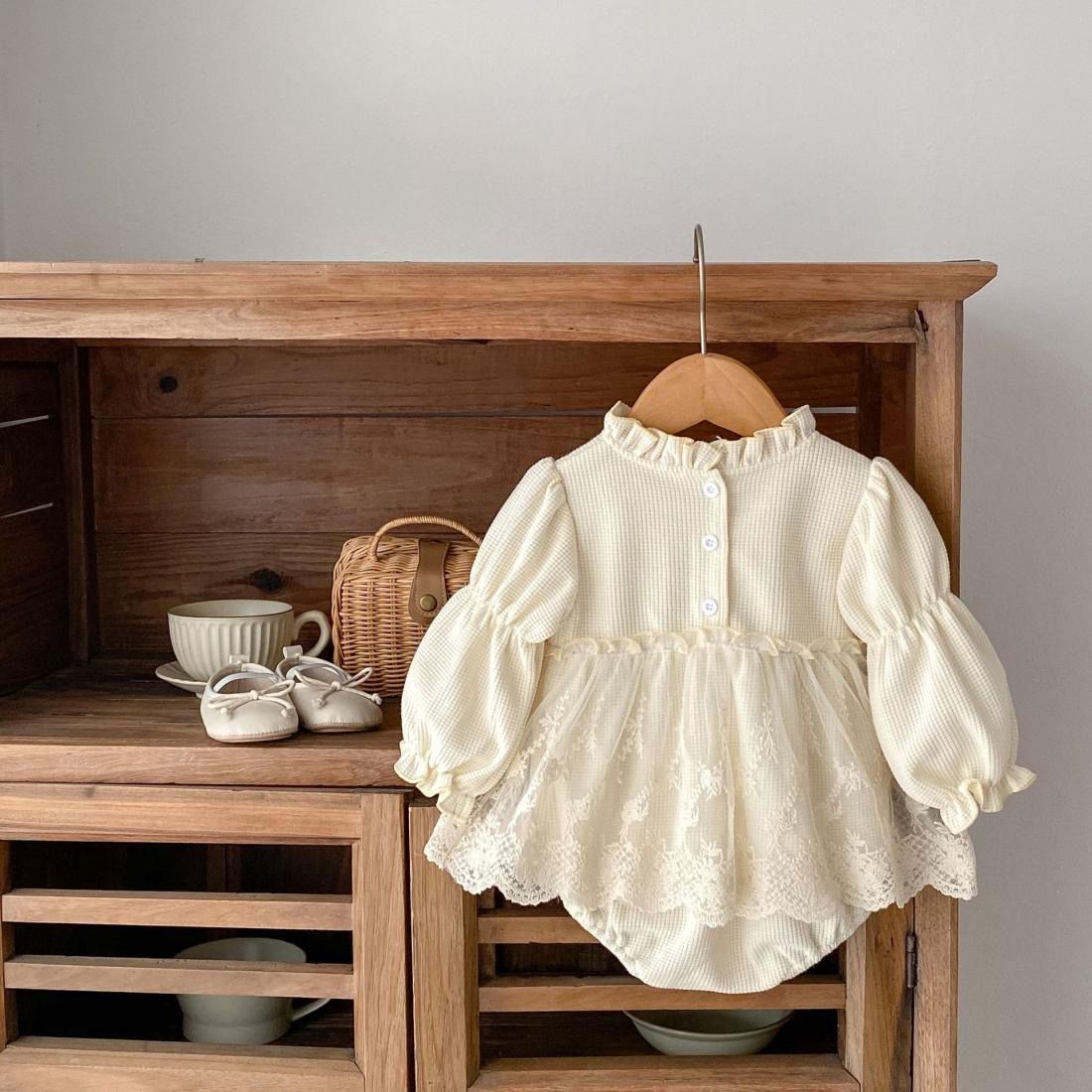 Long sleeve waffle romper dress ruffle collar beige