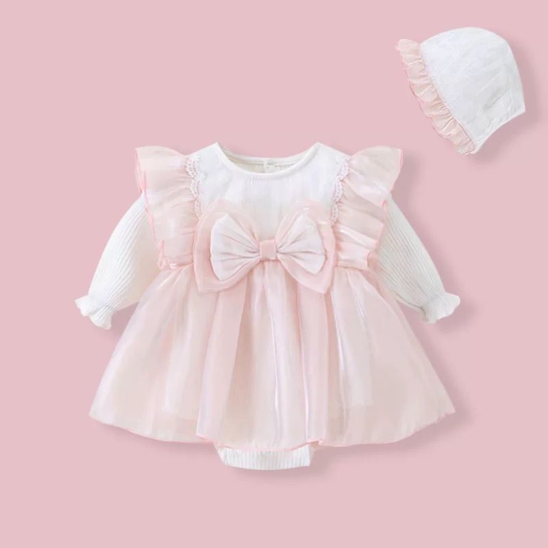 Baby pink long sleeve dress with bow knot + hat