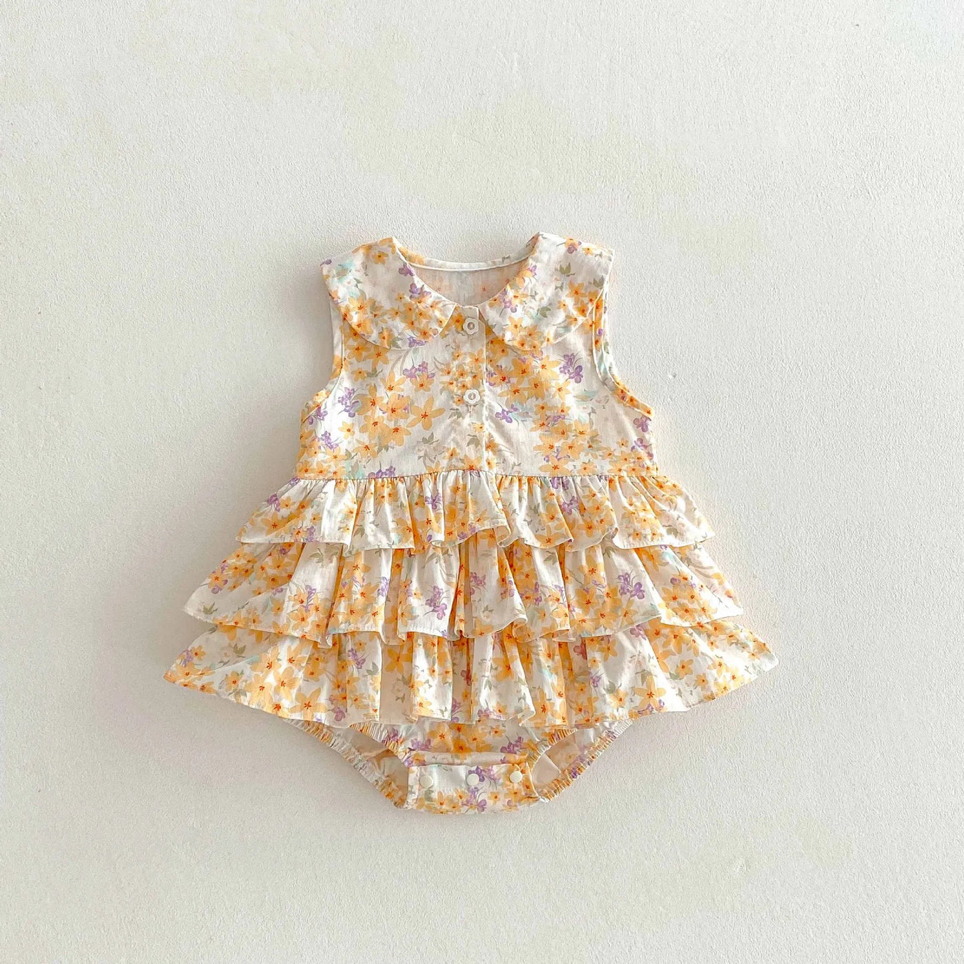 Baby collared floral romper dress with layered ruffles