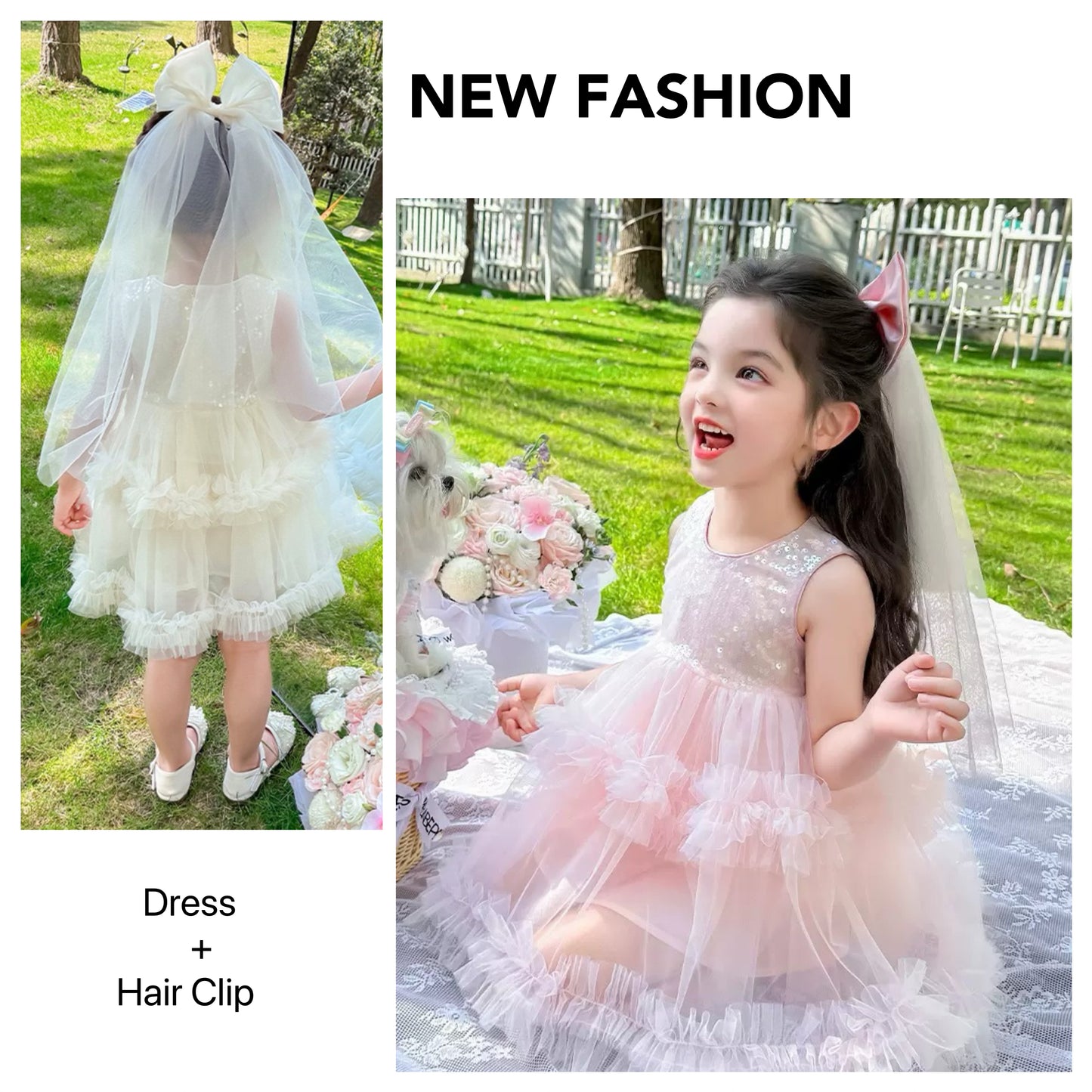 Set of 2 pcs Multi layered princess dress very soft with sequins + hair clip with big bow and tulle