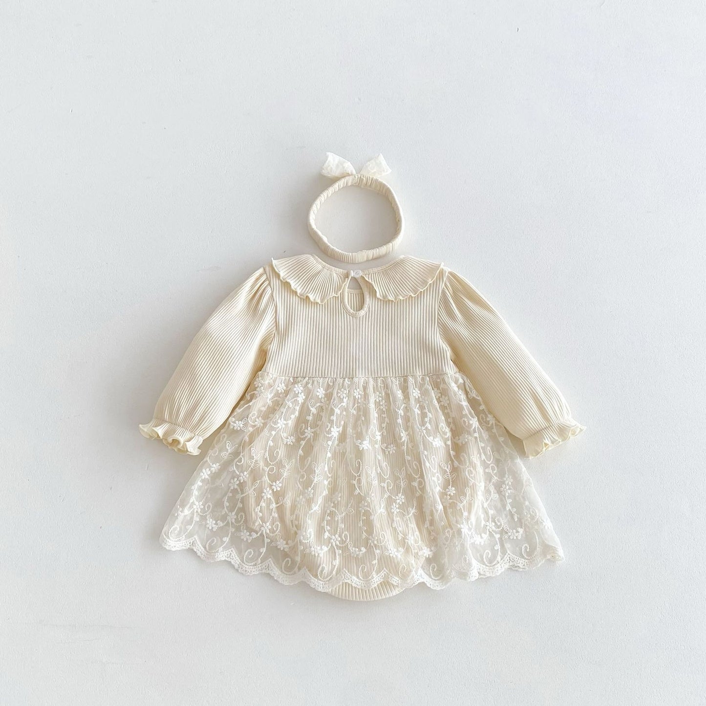 beige long sleeve romper with bow knot headband