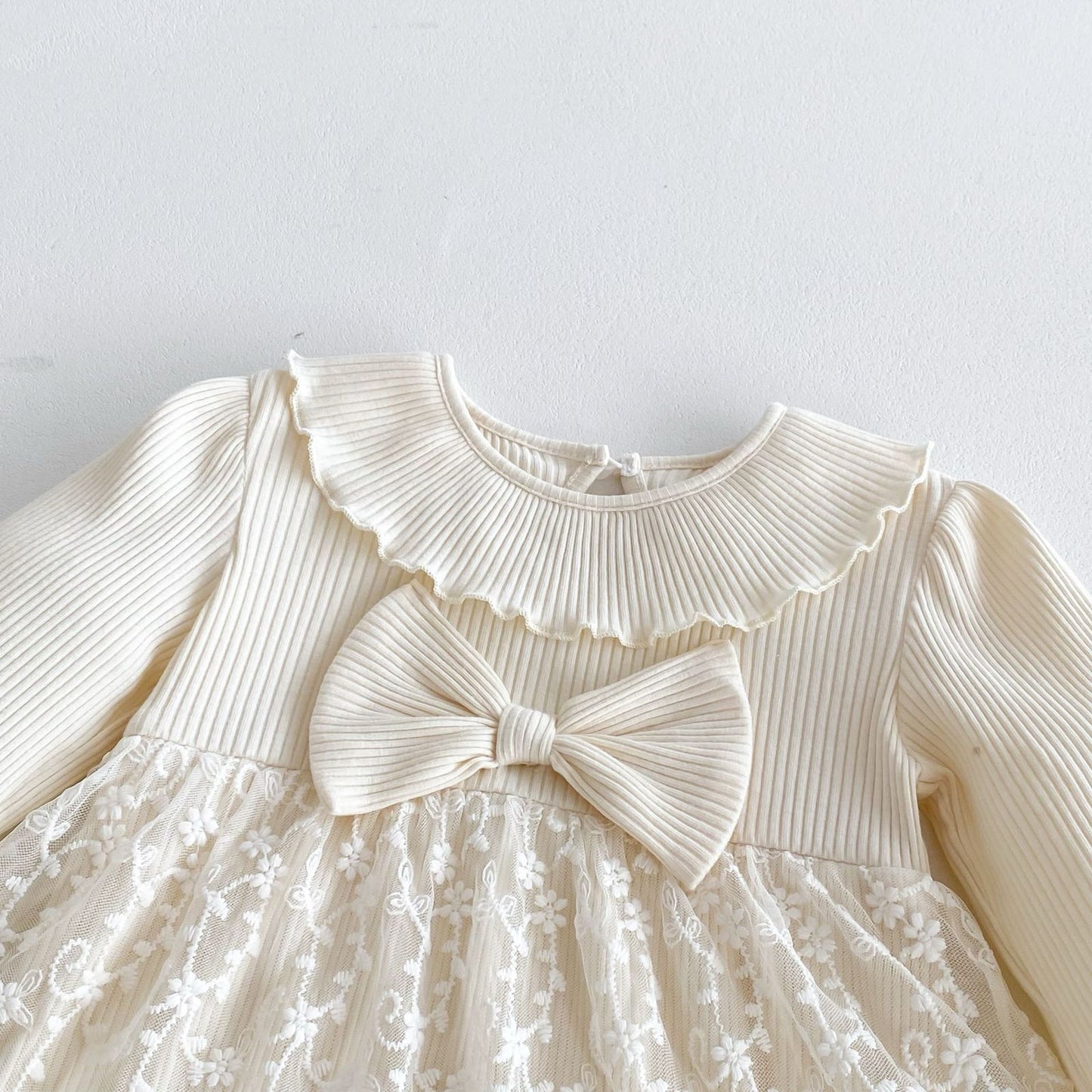 beige long sleeve romper with bow knot headband