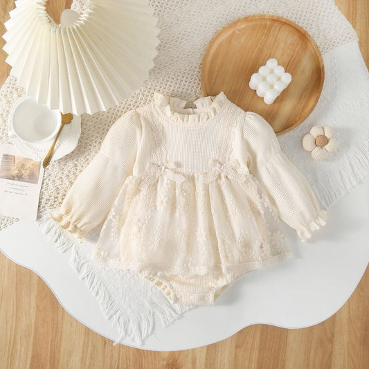 beige long sleeve waffle romper dress with 2 bows