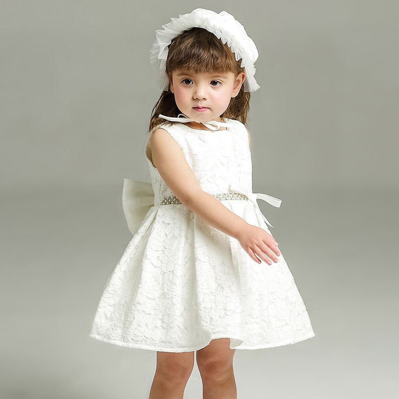 set of 2pcs White dress with big removable bow at back and silver line at waist + hat