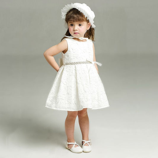 set of 2pcs White dress with big removable bow at back and silver line at waist + hat