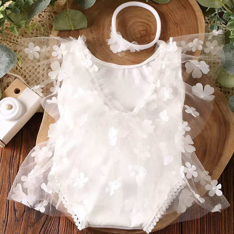 set of 2pcs 0-1 month Baby Girl romper dress with flowers + headband
