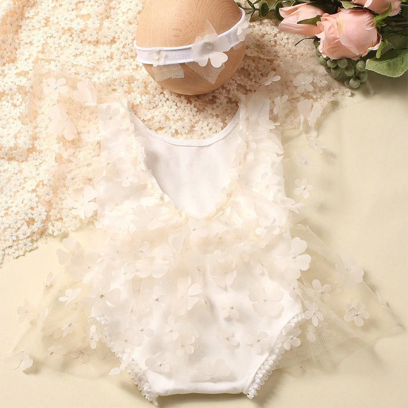 set of 2pcs 0-1 month Baby Girl romper dress with flowers + headband