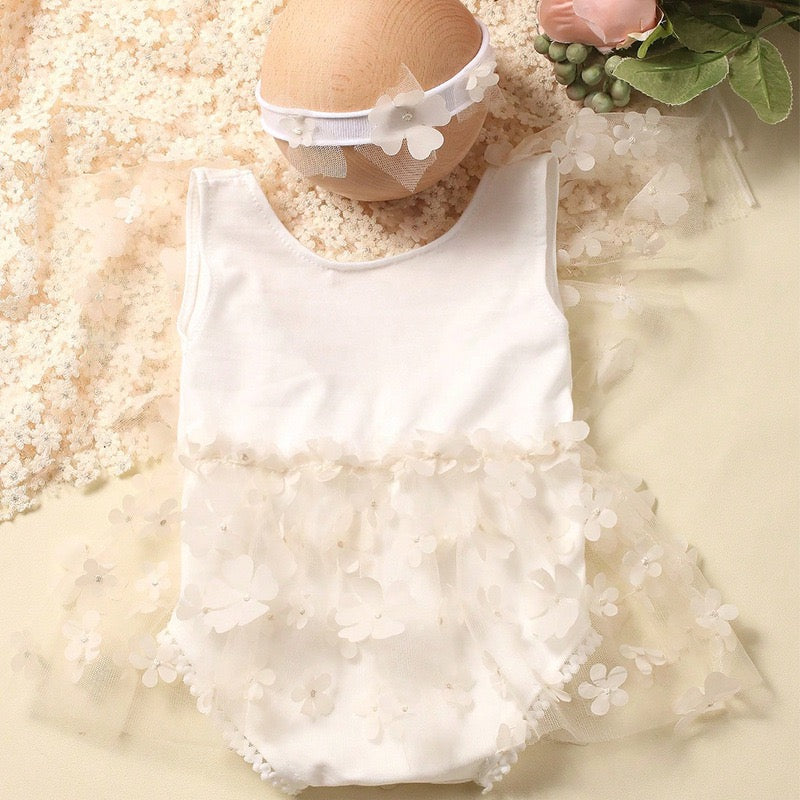 set of 2pcs 0-1 month Baby Girl romper dress with flowers + headband
