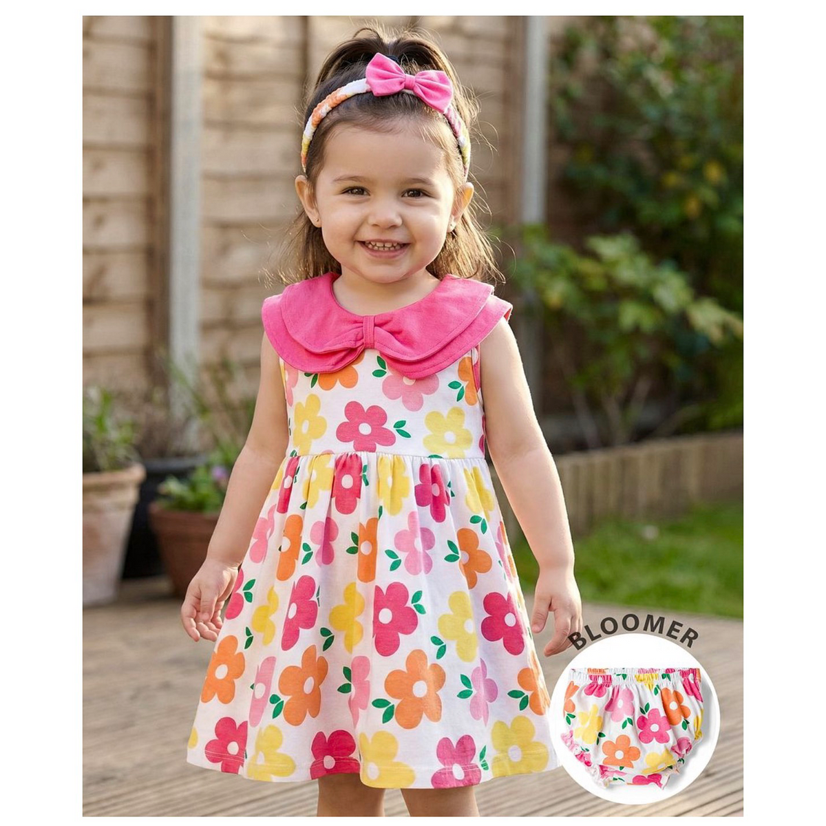 3 pcs Single Jersey Knit Sleeveless Floral Printed Frock with Bloomer + Headband