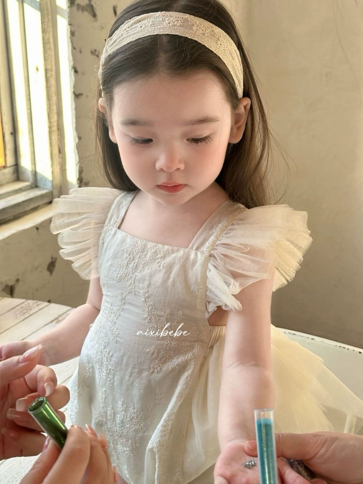 Sweet romper dress with flying sleeves beige color