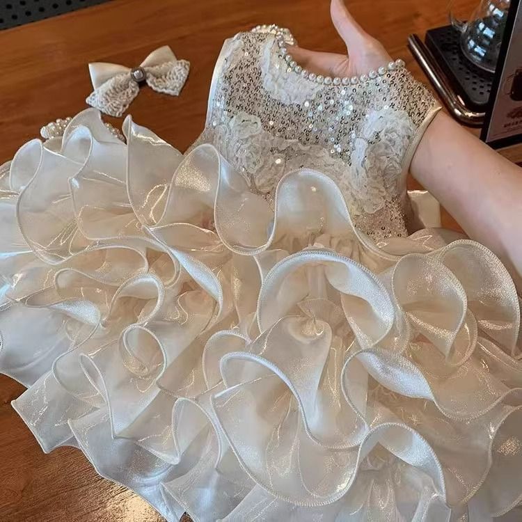 beige multi-layered princess dress with removable bow knot