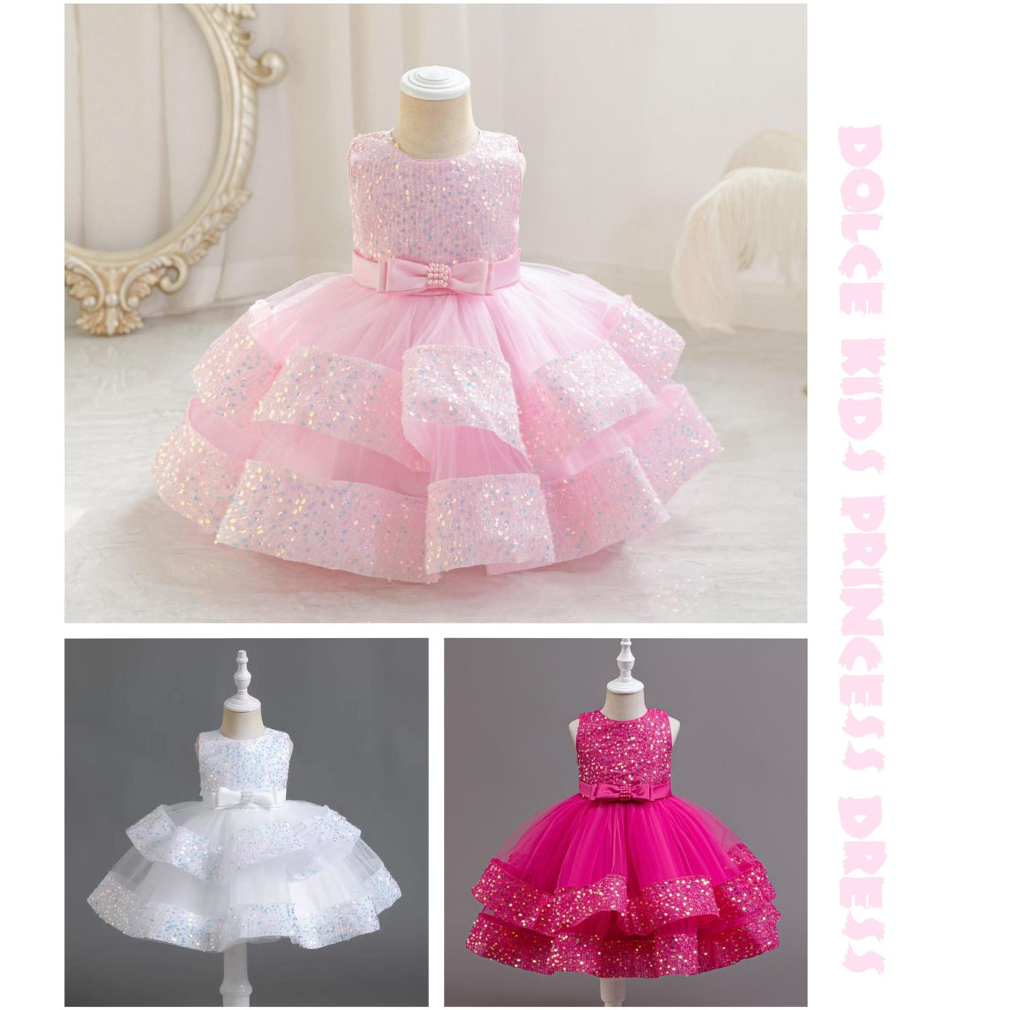 Girl princess dress with bow knot 3 color