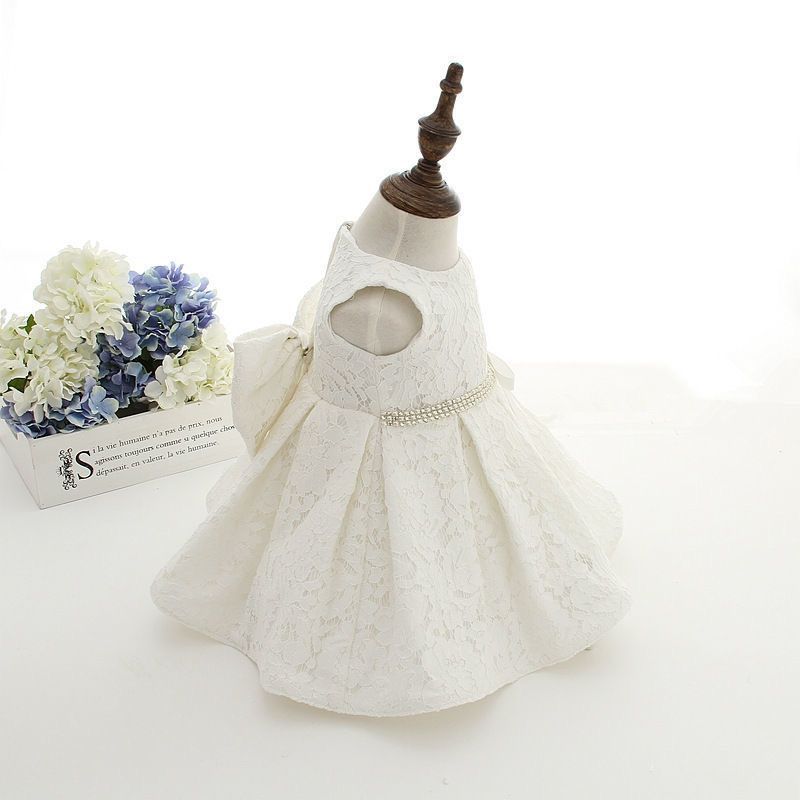 set of 2pcs White dress with big removable bow at back and silver line at waist + hat