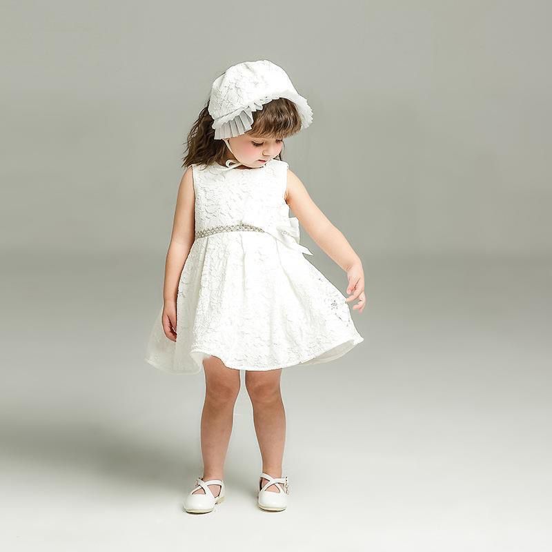 set of 2pcs White dress with big removable bow at back and silver line at waist + hat
