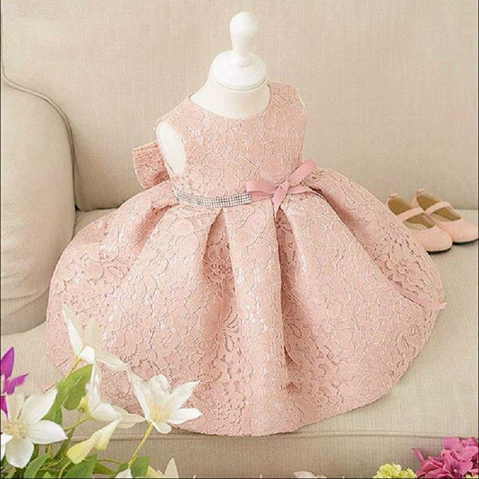 set of 2pcs Pink dress with big removable bow at back and silver line at waist + hat