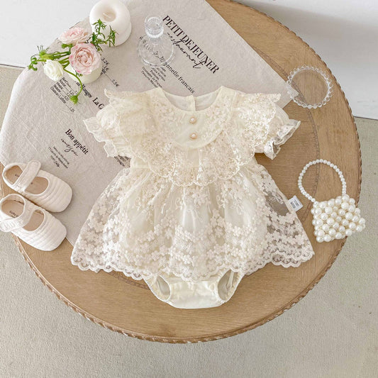 Vintage short sleeve Romper dress with lace collar beige color
